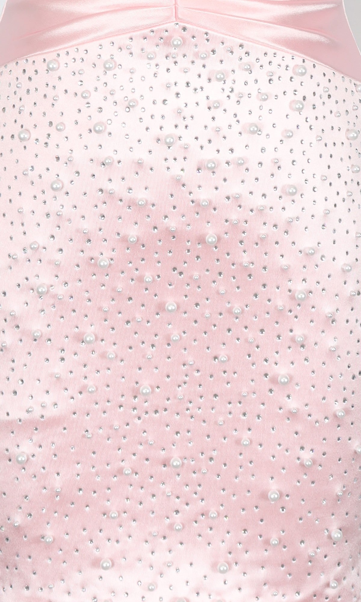 Close-up of light pink satin with pearls and rhinestones, inspired by the Short Homecoming Dress: PromGirl Exclusive 250345 featuring a strapless sweetheart neckline.